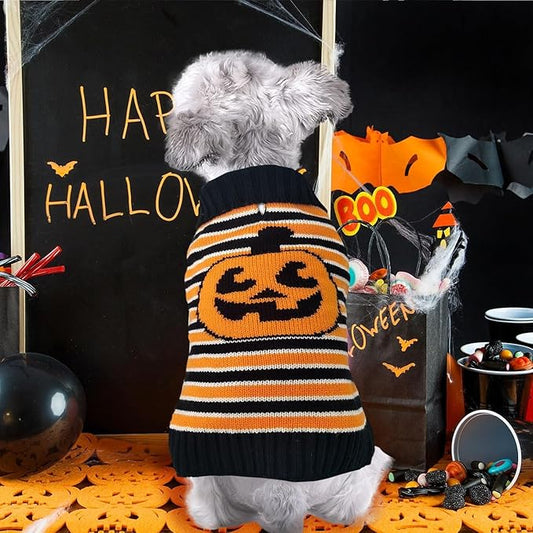 BAEJMJK Cute Halloween Dog Sweater Soft Striped Pumpkin Puppy Sweaters with Leash Hole Warm Turtleneck Pet Dog Clothes Costume for Small Medium Large Dogs Cats(X-Large)