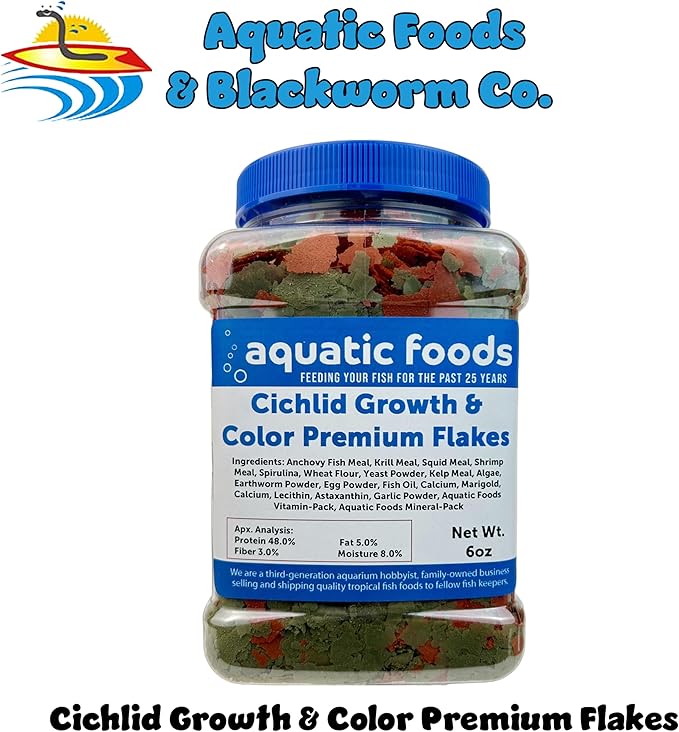 Aquatic Foods Inc. Cichlid Growth & Color Enhancing Flakes for Cichlids, Discus, All Tropicals. Aquatic Foods Premiun Flakes…6oz Med Jar