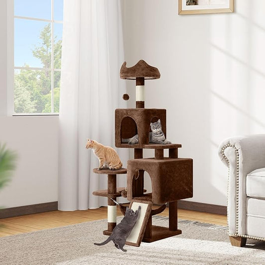 DWVO 54 in Multi-Level Cat Tower: Cats Tree for Indoor Kittens, Pet Furniture with Kitty Condos, Sisal Scratching Posts, Plush Perches, Cozy Hammock, Brown