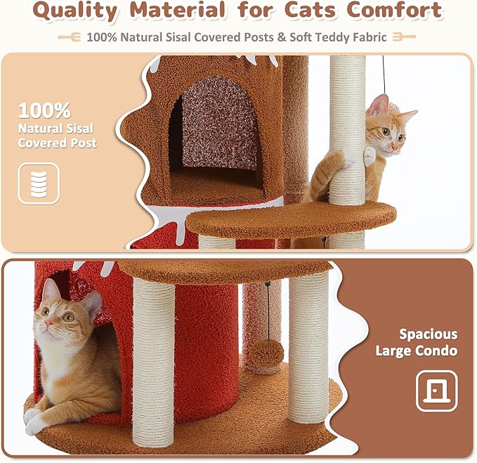 PETEPELA 43'' Cat Tree for Indoor Large Cats, Cat Bed House with 3 Large Cat Condos and Sisal Covered Scratching Posts for Kittens,Browm