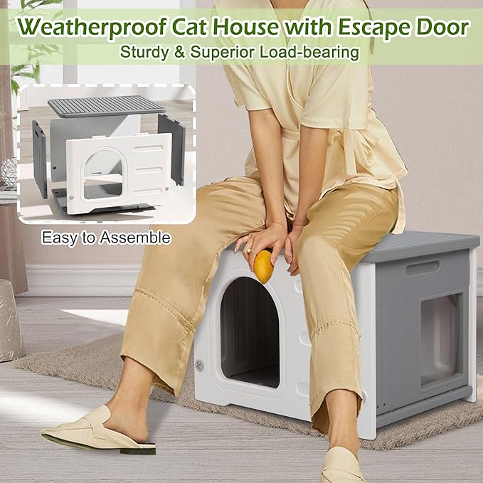 Waterproof Cat House for Outdoor Cats, Plastic Feral Cat House with Escape Door and Soft Mat, Large Indoor Cat House for Mutiple Cats - Grey