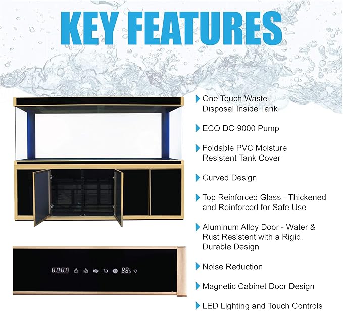 360 Gallon Aquarium Fish Tank with Upright Fishtank Stand Water Pump Freshwater Filter LED Bundle and Straight Corners Clear Glass - Black with Gold Trims