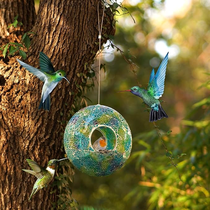 Topadorn Outdoor Bird Feeder - Decorative Mosaic Circle Fly Through Design for Birds