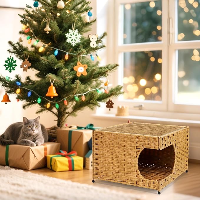 Cat House for Indoor Cats -Handwoven Rattan Cozy Kitten Cave with Double-Sided Soft Cushion, Decorative Pet Bed Furniture