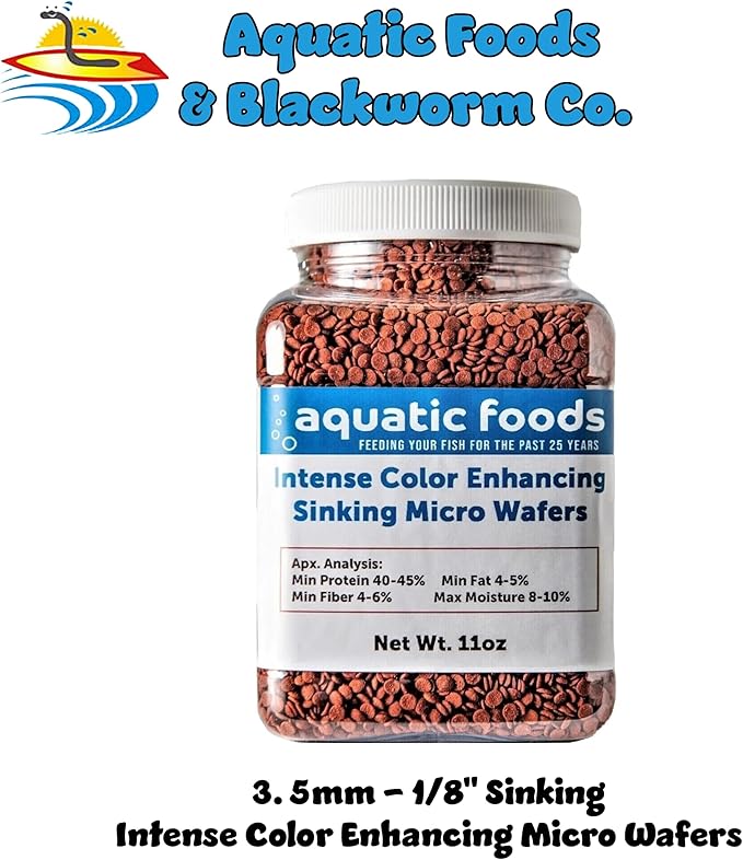 Aquatic Foods Inc. 3.5mm - 1/8" Color Enhancing Sinking Micro Wafers for Bottom Fish, Shrimp, Crabs, Crayfish, All Tropical Fish…11oz Small Jar