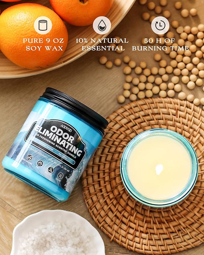 AOOVOO 4 Pack Fantasy Ocean Odor Eliminating Highly Fragranced Candle - Eliminates 95% of Pet, Smoke, Food, and Other Smells Quickly, Air Freshing Soy Candle