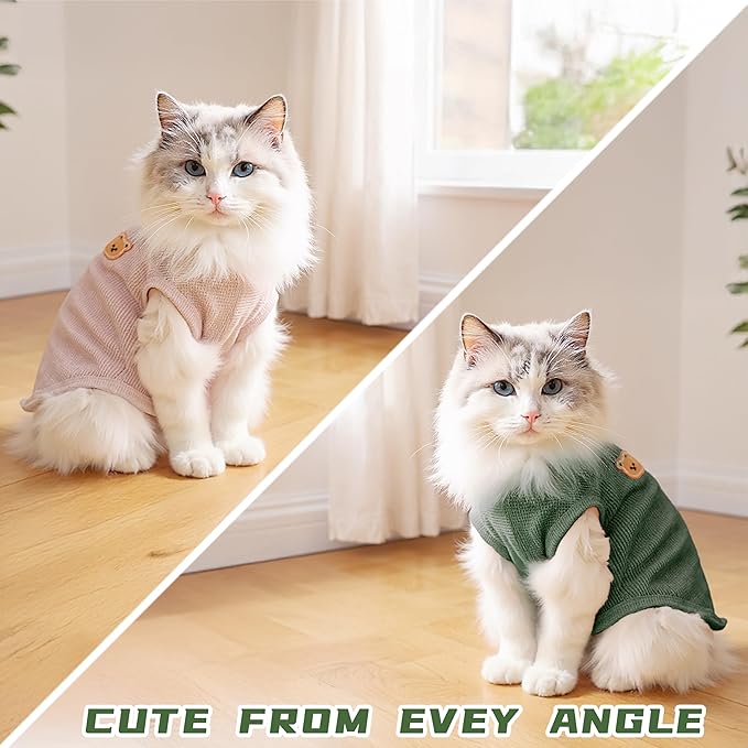 2Pack Shirts for Cat, Small & Medium Dog Clothes, Waffle-Knit Puppy Shirts, Lightweight, Breathable, Stretchy Pet Clothes, Sleeveless Tee Shirt Gift for Cats & Dogs (Green&Pink, Medium)