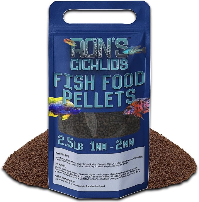 RON'S CICHLIDS African Cichlid Fish Food, Premium Tropical Fish Food Pellets with Protein, Veggies & Fruits for Healthier, Brighter & Bigger Tropical Fish & Cleaner Tanks, Juvie Blend, 2.5 LB