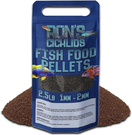 RON'S CICHLIDS African Cichlid Fish Food, Premium Tropical Fish Food Pellets with Protein, Veggies & Fruits for Healthier, Brighter & Bigger Tropical Fish & Cleaner Tanks, Juvie Blend, 2.5 LB