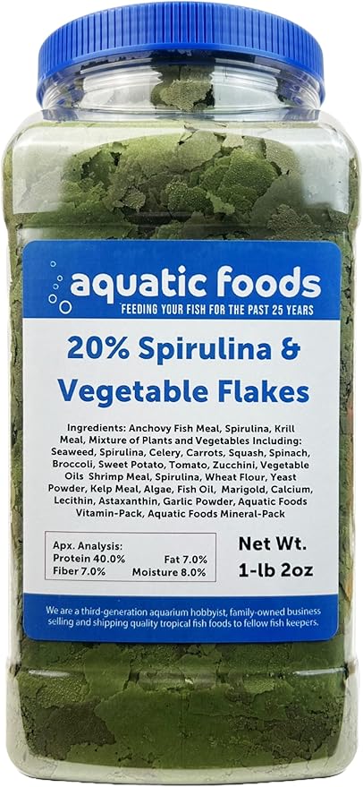 Aquatic Foods Inc. Vegetable & 20% Spirulina Plus Enhanced Premium Flakes for African Cichlids, Herbivores, AF…1-lb 2oz Lg Jar