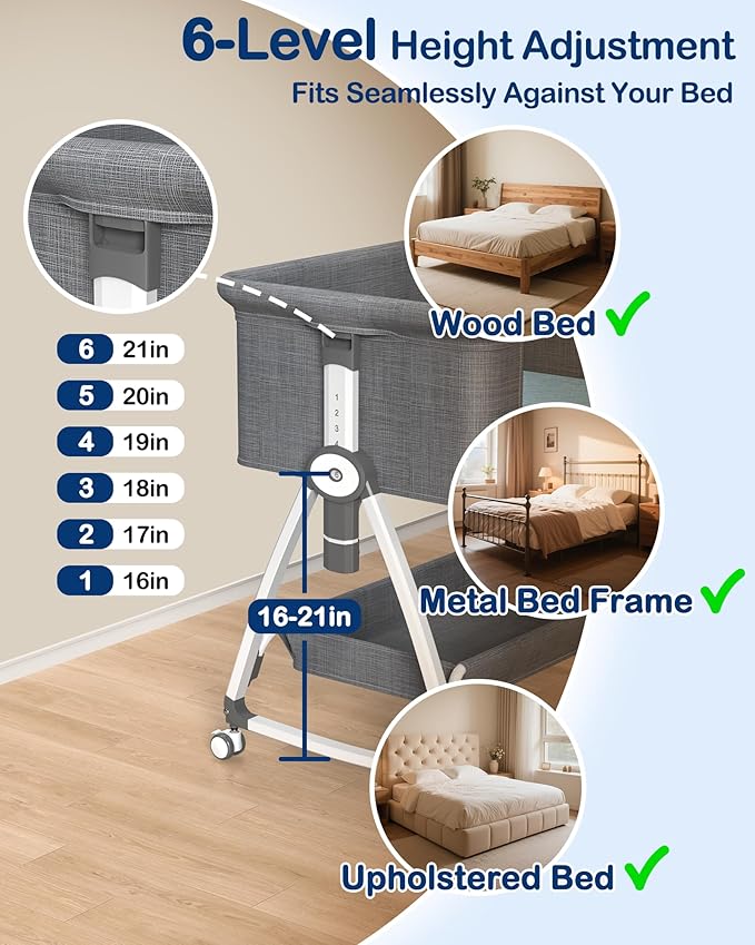 Bedside Dog Bed, 6-Height Adjustable Elevated Dog Bed for Small & Medium Puppy, Extension for Human Bed, Pet Bassinet with Removable & Washable Cover, Dogs Couch with Sides (30" L x 21" W)