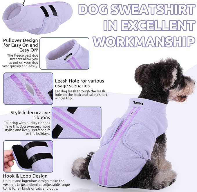Queenmore Small Dog Sweater, Soft Fleece Vest Pullover Dog Jacket with Leash Hole, Warm Winter Dogs Clothes Cold Weather Doggy Dachshund Sweaters for Small Doggy Cats Boy or Girl (Lilac, S)