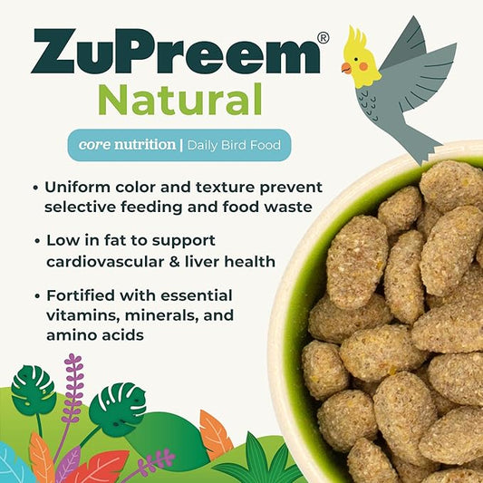 ZuPreem Natural Bird Pellets, Daily Bird Food for Parrot, Conure, Caique, African Grey, Eclectus, Small Cockatoo, Core Nutrition for Medium Large Birds, Added Vitamins, Parrot Food (M/L, 20 lb)