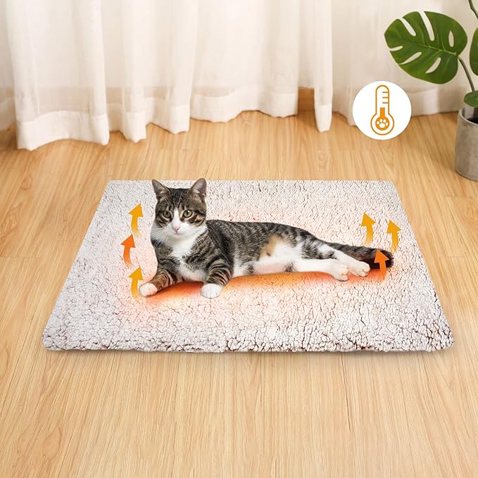 Self Warming Cat Bed, Self Heating Mat for Dog, Extra Warm Thermal Pet Pad with Non-Slip Bottom, Removable Washable Cover for Indoor Outdoor Non Electric (Khaki, 20x30in)
