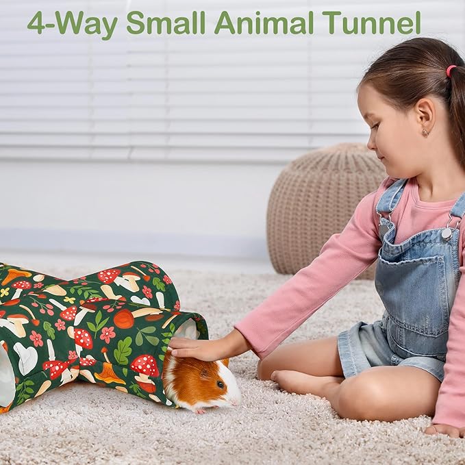 Bienbee Guinea Pig Tunnel, 4 Way Washable Guinea Pig Hideout,Foldable Rabbit Tunnel Guinea Pigs Toys for Bunny Hamster Chinchilla Ferret Rabbit Guinea Pigs Accessories Mushroom