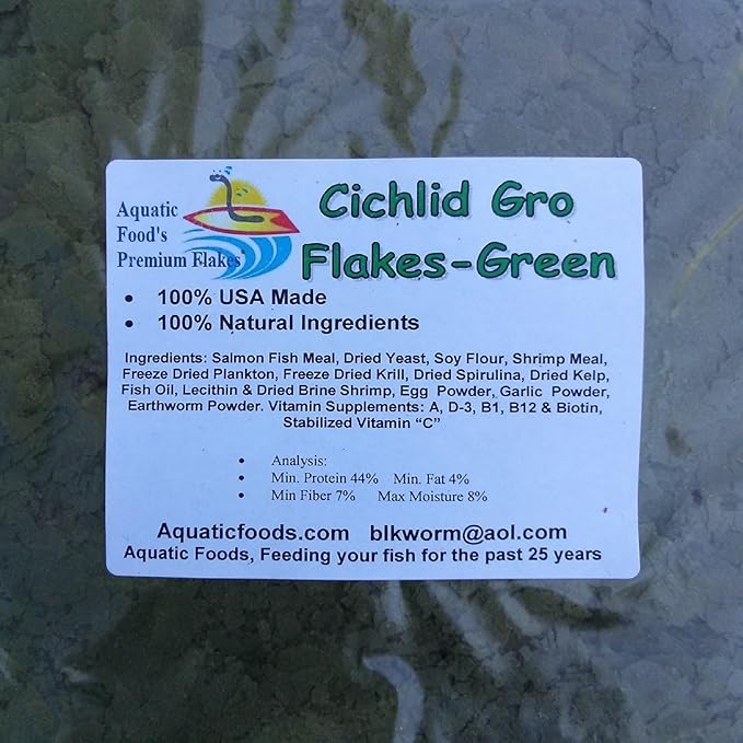 Aquatic Foods Inc. Cichlid Green GRO Spirulina Flakes, Discus, Angel Fish, Central & South American Cichlids for All Tropical Fish. Premium AF Flakes - 1/2-lb