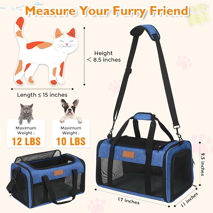 PETUX Pet Carrier Airline Approved - 17"x11"x9.5" Soft Cat Travel Carrier for Small Cats up to 12 lb - Top Open Portable Breathable TSA Approved Pet Carrier in Cabin for Travel and Vet Visit - Blue