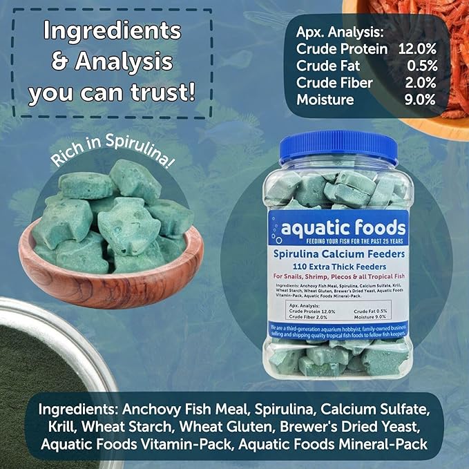 Aquatic Foods Inc. Spirulina Enriched Calcium Feeders for Shrimp, Snails, Crabs, Crayfish, Pleco, Catfish, All Tropical Fish…110 Count Med Jar