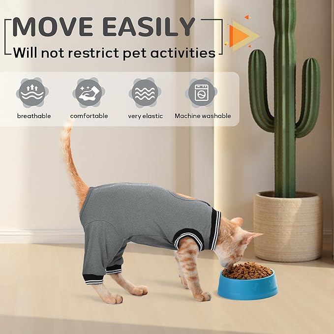 PUMYPOREITY Cat Recovery Suit for Hind Legs, Cat Surgical Spay Suit with Leg Sleeves to Stop Licking, Long Rear Sleeve Wound Cover Abdomen Kitten Onesie, Grey, M
