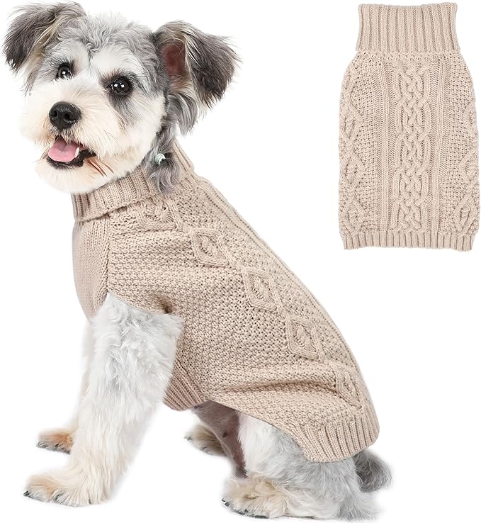 Dog Sweaters for Small Dogs Winter Dog Clothes Turtleneck Knit Puppy Sweater Warm Chihuahua Clothes Cat Sweater Frenchie Doggy Pullover Outfit with Twisted Design(Beige, Small)