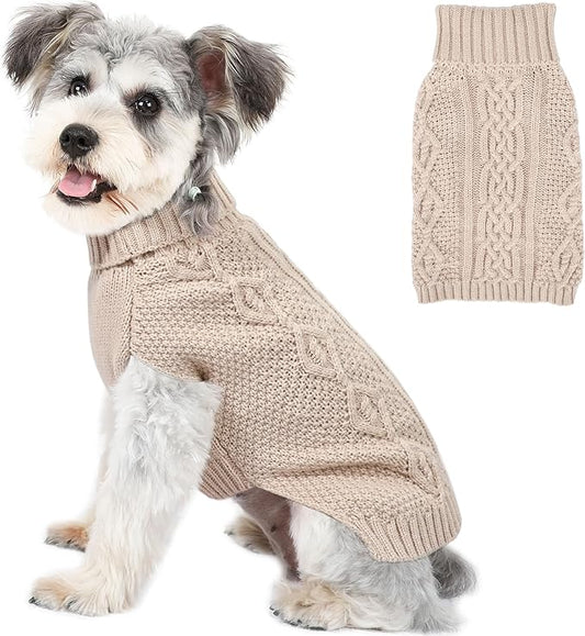 Dog Sweaters for Small Dogs Winter Dog Clothes Turtleneck Knit Puppy Sweater Warm Chihuahua Clothes Cat Sweater Frenchie Doggy Pullover Outfit with Twisted Design(Beige, Small)