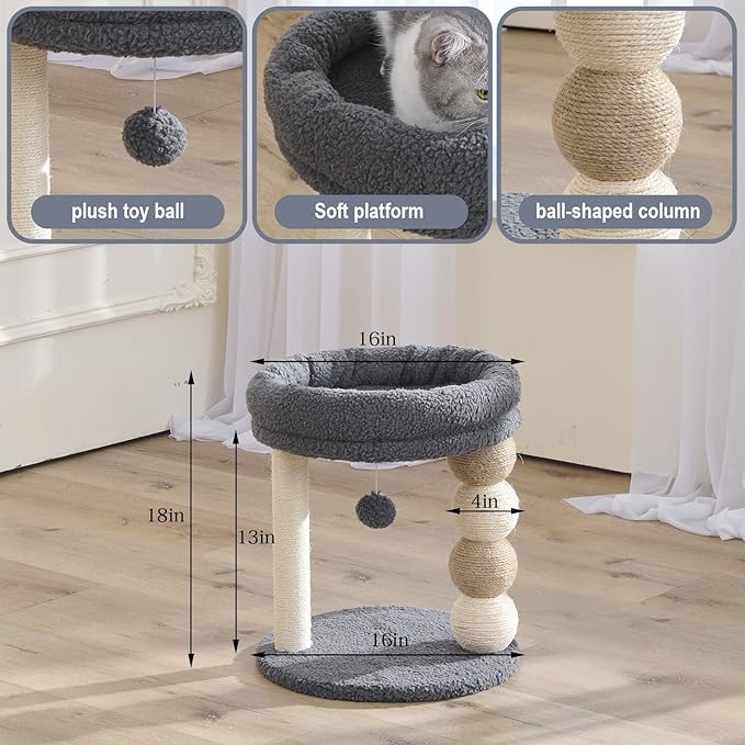 YOCAN Small Cat Tree Tower Indoor with Large Cozy Plush Top Perch, Natural Sisal Scratching Posts, Interactive Dangling Ball Great for Kittens and Cats (Gray)