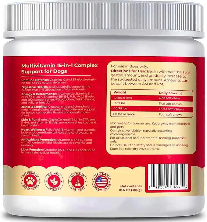 Dog Multivitamin, chewable multivitamin for Dogs, Supplements for Hip & Joints, Skin & Coat, Omega 3 Oil for Immune, Heart & Digestive Health, Senior & Puppy Multivitamin - Chicken Flavor - 120ct