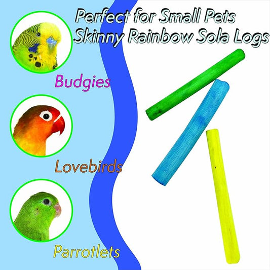 by M&M 5517 Skinny Rainbow Sola Logs Pk12 - Handcut Lightweight Sola Wood Foot Toys, Skinny Cut Wood Logs, Bright Assorted Colors, Great Foraging Fun for Small to Med Size Pets