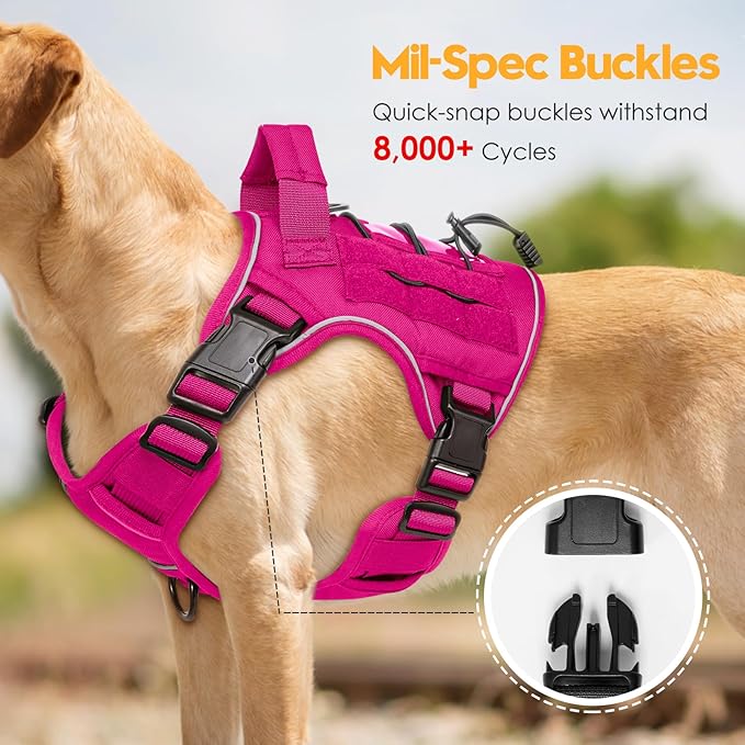 Heavy-Duty Tactical Dog Harness for Large Dogs, No Pull Adjustable Reflective Pet Vest with Molle System, K9 Military-Grade Control for Service Training, Outdoor & 10+ Breeds, Hot Pink, Small