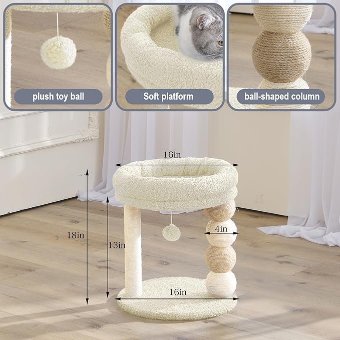 YOCAN Small Cat Tree Tower Indoor with Large Cozy Plush Top Perch, Natural Sisal Scratching Posts, Interactive Dangling Ball Great for Kittens and Cats (White)
