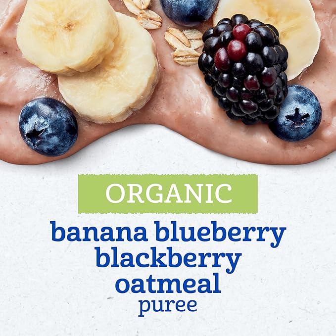 Gerber Stage 2 Baby Food, Organic Banana Blueberry Blackberry Oatmeal, Baby Puree, 12PK