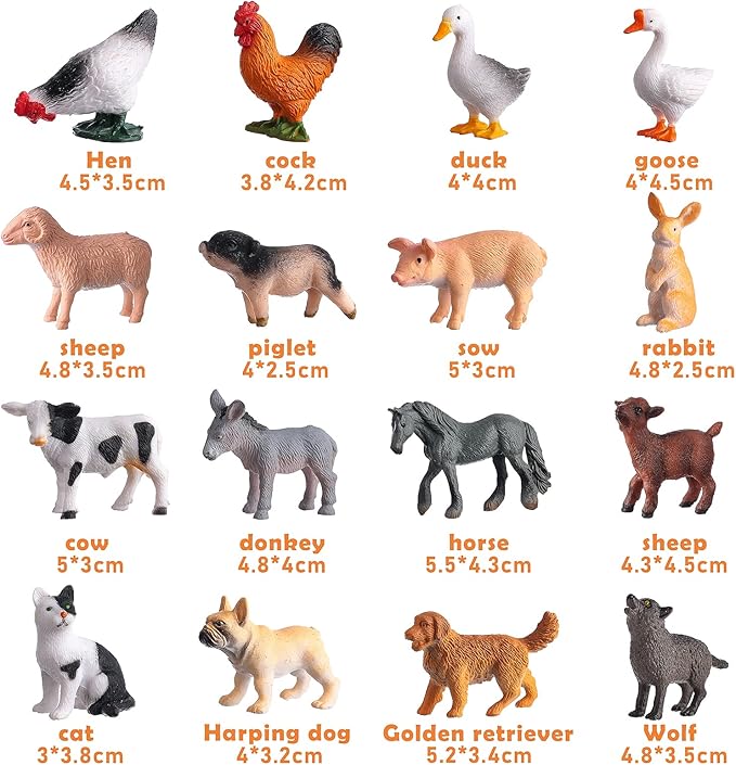 16Pcs Small Animals Figures, Realistic Farm Animals Toys for Cupcake Toppers, Learning Educational Toys, Birthday Party Favors Gift for Kids