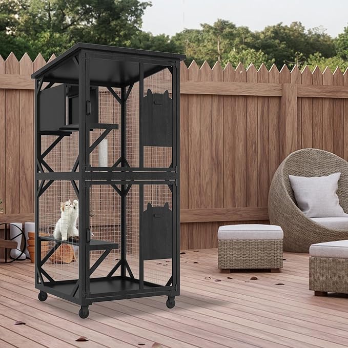 ROOMTEC Catio Outdoor Enclosure With Roof - 71" Height Wooden House, Large Cage With 3 Jumping Platforms and 1 Napping House for Cat Activity (Black)