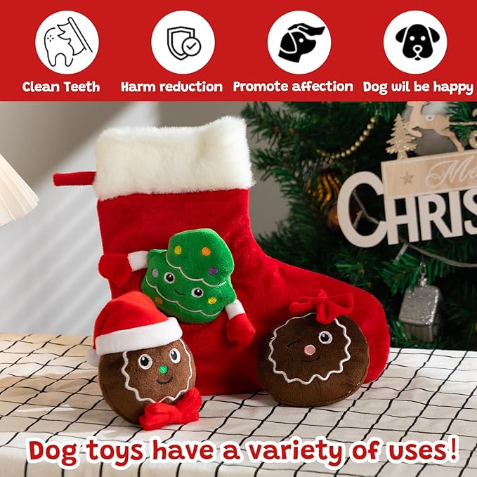Hollypet Squeaky Dog Toy, Interactive Plush Hide and Seek Dog Toys for Small Medium Sized Dogs and Non-Aggressive Chewers, Puppy Teeth Clean Chew Toys, Christmas Stocking