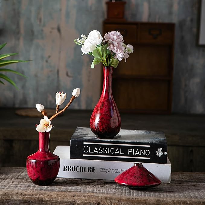 Red Ceramic Bud Vases, Set of 6 Small Glazed Pottery Vases for Floral Arrangements, Decorative Rustic Vases for Modern Farmhouse Home Decor, Living Room, Dining Table Centerpieces