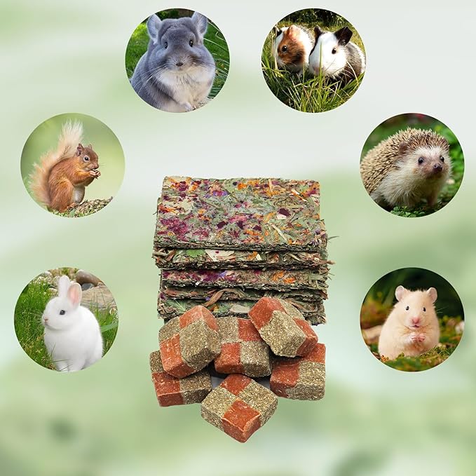 12 Pack Timothy Hay Treats, Timothy Hay Cubes and Chips, Natural Chew Toys for Teeth, Chewing Stuff for Bunny, Hamster, Guinea Pig, Chinchilla, Rabbit, and Other Small Animals