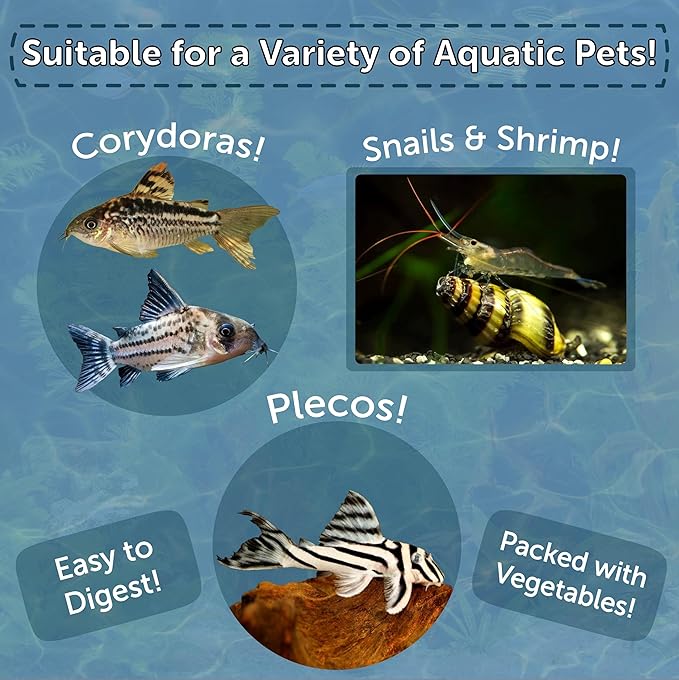 Aquatic Foods Inc. 8mm - 1/3" Small Sinking Wafers of Spirulina, Algae for Bottom Fish, Plecos, Catfish, Shrimp, Snails, Crabs & Tropicals. 4-Type Wafer & 12-Type Pellet Mix Included..5oz Canister
