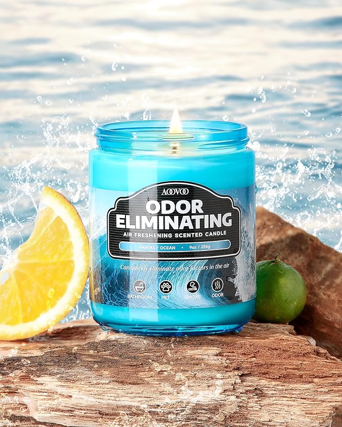 AOOVOO Ocean 2 Pack Odor Eliminating Highly Fragranced Candle - Eliminates 95% of Pet, Smoke, Food and Other Smells Quickly, Air Freshing Soy Candle, 18 oz Up to 100 Hours Burn time