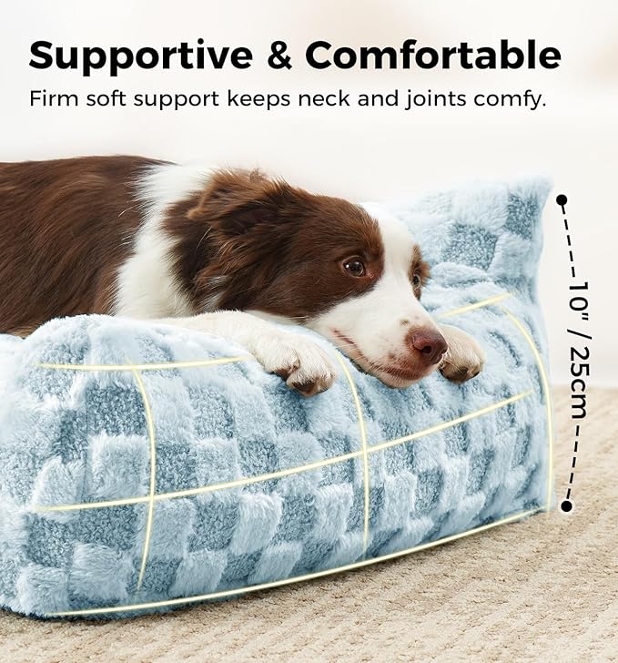 MADE 4 PETS Dog Couch Bed, Soft Faux Fur Checkered Indoor Pet Sofa, Comfortable Fluffy Dog Sofa with Supportive Foam, Removable Washable Cover with Non-Slip Base, Blue, Large