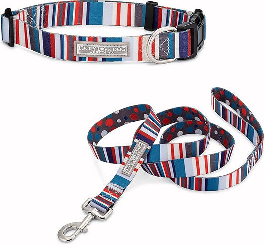 Lucky Love Dog - Adjustable Dog Collar and Leash Set with Easy Click Buckle for Small to Large Dogs, Durable, & Comfortable Collar for Male & Female Dogs, Puppies & Adult Ones - Linus Combo, Medium