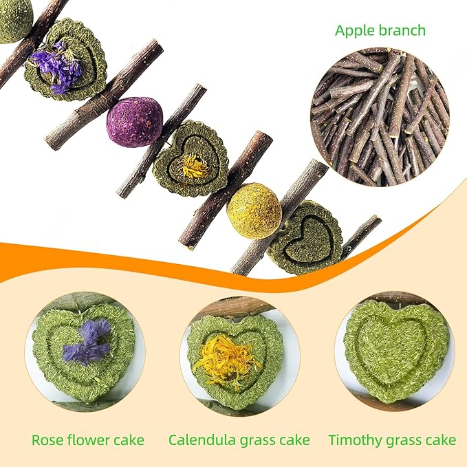 3Pcs Bunny Chew Toys for Teeth Grinding Bunny Hanging Natural Apple Twigs Timothy Hay Grass Cakes Multiple-Grass Ball for Rabbits Guinea Pigs Chinchillas Gerbils Hamsters Improves Dental Health