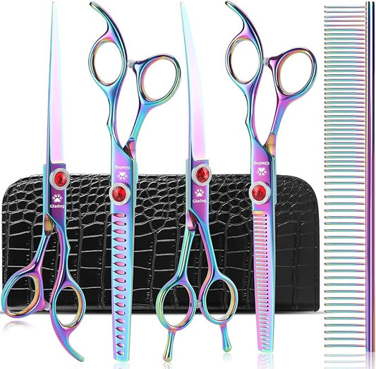 GLADOG 7 Inch Professional Dog Grooming Scissors Kit, Titanium Dog Scissors for Grooming, Heavy-Duty Dog Shears for Grooming, 6-in-1 Pet Grooming Scissors for Dogs (Pro Rainbow)