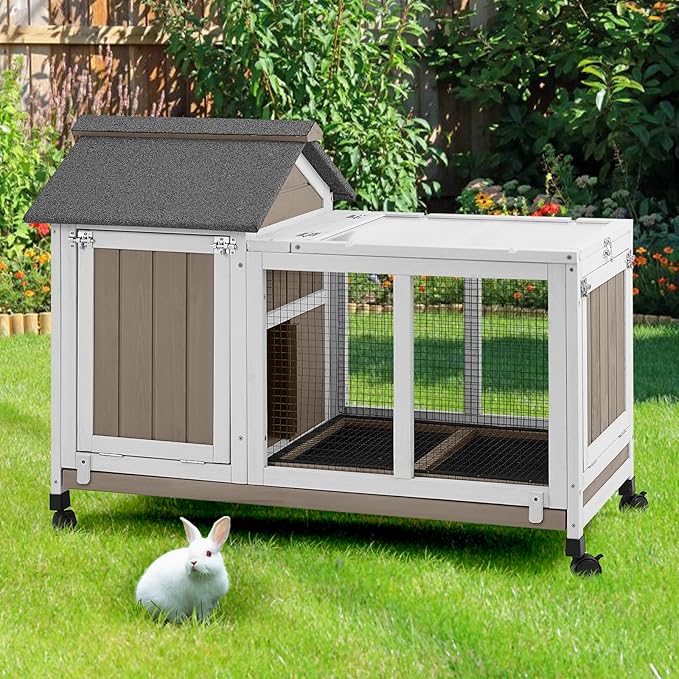 38''L Small Rabbit Hutch Outdoor Indoor with Wheels, Wooden Expandable 2 Story Bunny House Rabbit Cage with Run, Waterproof Roof, Pull Out Tray, Guinea Pig Cage Chicken Coop for Small to Medium Pets