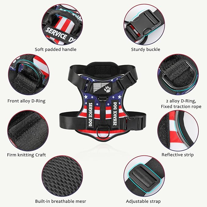 Demigreat Service Dog Harness, Reflective Dog Vest Harness with 5 PCS Patches, Adjustable Soft Oxford Pet Harness, Inner Layer Mesh, Easy to Control for Dogs (USFLAG, Small (Pack of 1))