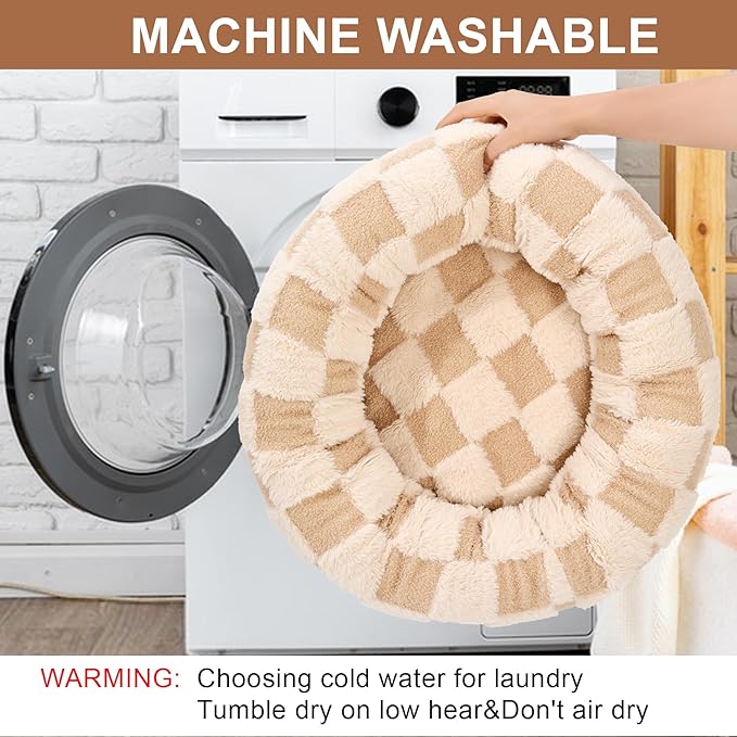 Dog Calming Beds for Small Medium Large Dogs - Round Donut Washable Puppy Dog Bed, Anti-Slip Faux Fur Fluffy Donut Cuddle Anxiety Cat Pet Bed (24" Grid)