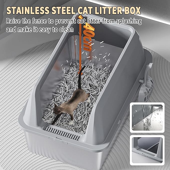 Stainless Steel Litter Box,Large Cat Litter Box with Cat Litter Mat,23.62 L×15.75 W×13.78 H,Heightened Fence Design,Easy to Clean, Odor-Free,Pet Toilet Supplies Wite Shovel