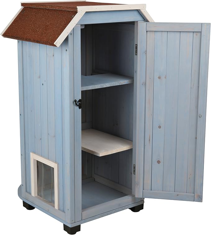 TRIXIE 'Cat's Home' Outdoor Cat House, Weatherproof 3-Story Cat House, Hinged Shutters with Latch & Perch, 2 Doors, Outdoor Shelter for Cats and Small Animals, Blue / White Pine Wood