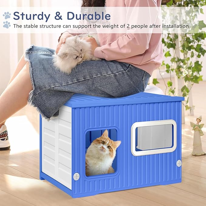 Plastic Cat House for Outdoor Indoor Use, Stackable Feral Cat Shelter Indoor Cat House Weatherproof Waterproof Elevated, with 2-Sided Cushion (Blue White)