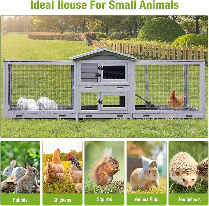 93.7" Large Rabbit Hutch Indoor & Outdoor, Rabbit Cage with 8 Wheels, Bunny Hutch with 4 Deep No Leakage Pull Out Trays