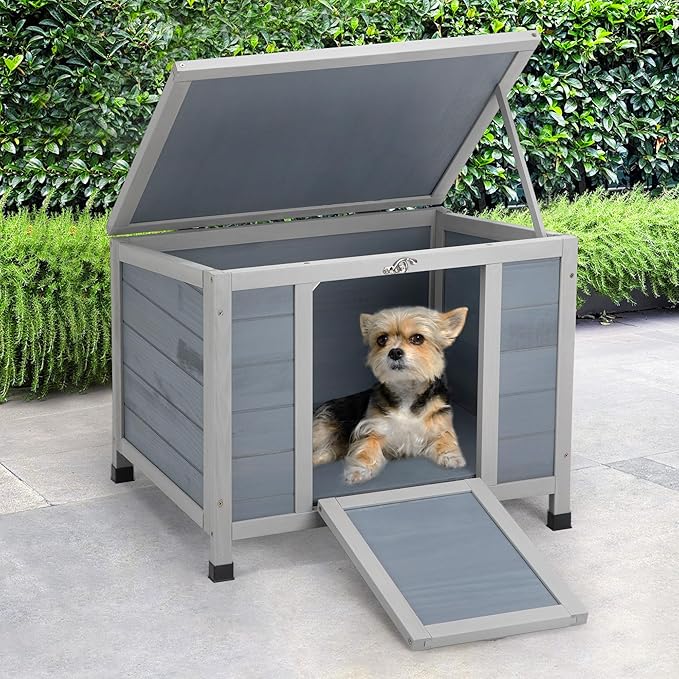 COZIWOW 24in Wooden Cat House Outdoor & Indoor Pet Shelter with Foldable Ramp - Weatherproof Rabbit Hutch with Unique Machine-Printed Art Designs for Cat, Rabbit, Guinea Pig (Grey)